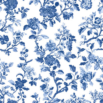 Blue and white french floral seamless pattern on a white background