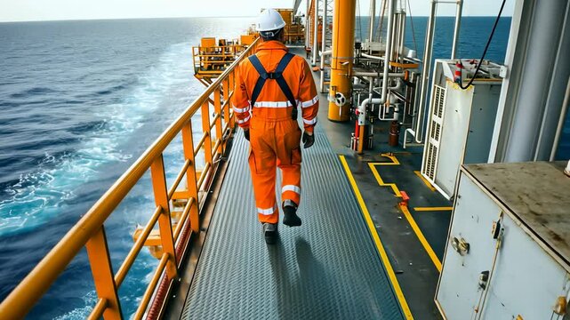 Worker in Orange Suit Walking on Ship Deck Near Ocean Waves