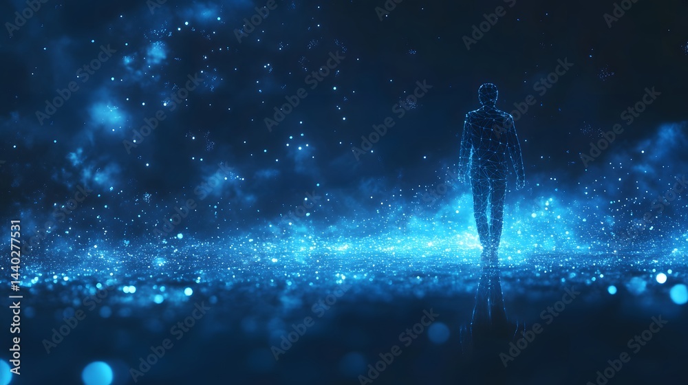 Poster Futuristic figure reflected in blue water, with bokeh lights and a nebulous backdrop. Digital art embodying technology and abstract concepts. Abstract wireframe in dark blue.