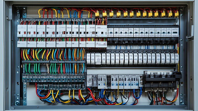 Electrical Panel with Circuit Breakers and Wires