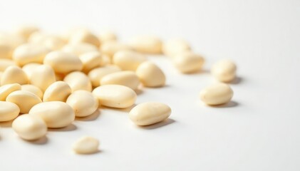 Scattered white beans on pristine white background, healthy, cooking, vegan