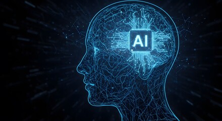 AI image showcasing a stylized human head profile formed by blue circuits, with an AI chip glowing within the brain area