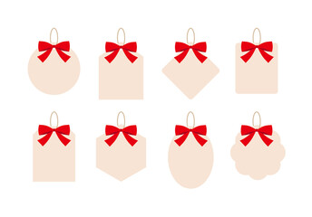 The image shows eight beige gift tags in different shapes, each decorated with a red bow and loop. Ideal for elegant gift wrapping during holidays or special events, adding a festive touch.