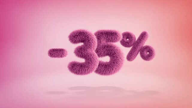 35% pink fluffy numbers and symbols on a simple gradient background with particles. Looping animation of 3D text countdown 35 percent sale