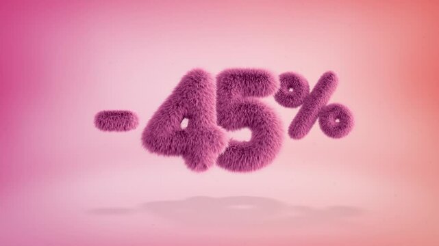 45% pink fluffy numbers and symbols on a simple gradient background with particles. Looping animation of 3D text countdown 45 percent sale