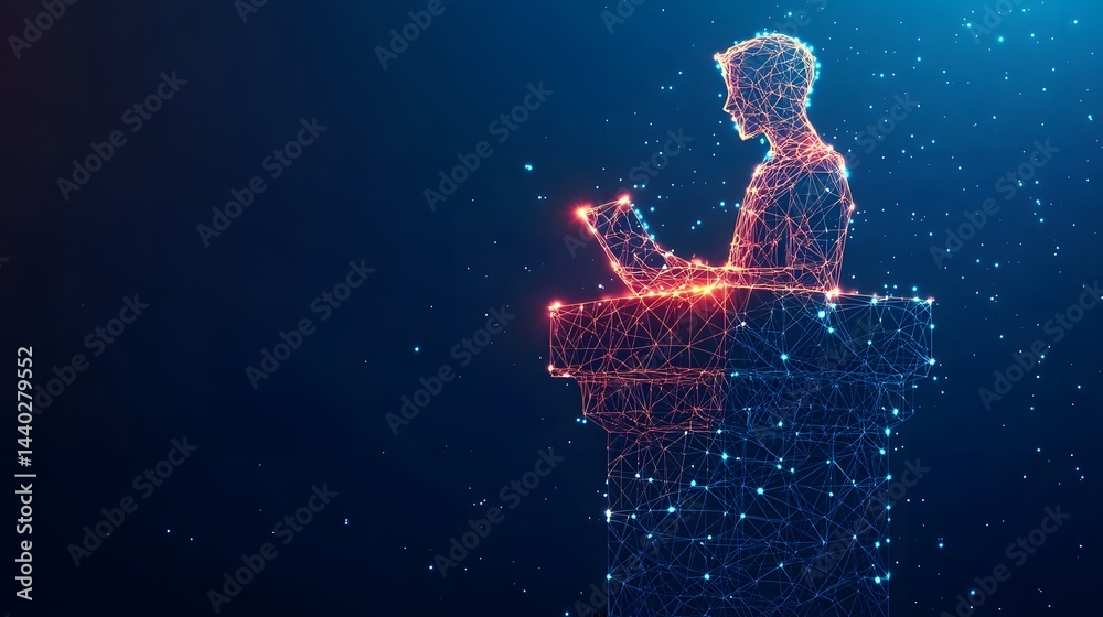 Fototapete futuristic wireframe man delivers a speech from a glowing podium against a deep blue space backdrop.