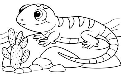 Cute African Lizard Coloring Page for Kids, Big-Eyed Reptile on a Rock with Cactus, Desert Animal Line Art, Printable Coloring Sheet

