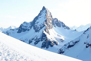 Obraz premium Snow-covered mountain peak, pristine white background, calm, cliffs