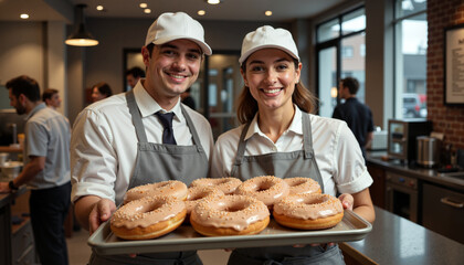 Smiling bakery workers presenting fresh doughnuts in caf&eacute;.
