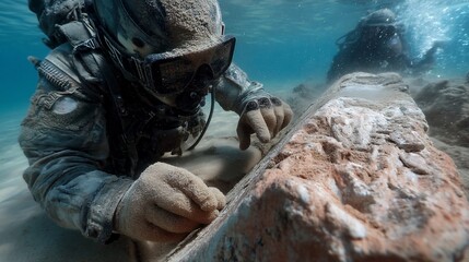Underwater archaeologists examine ancient artifact