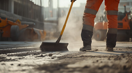 Construction Worker Sweeping Dust on Site