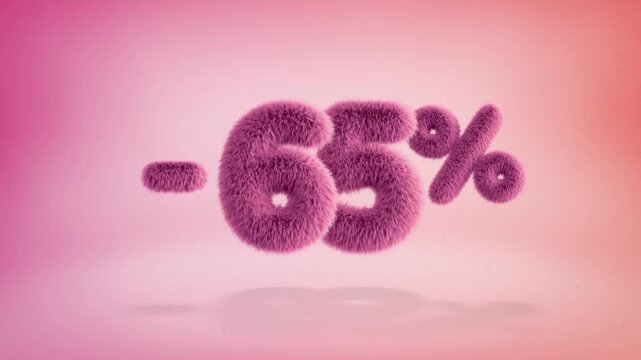 65% pink fluffy numbers and symbols on a simple gradient background with particles. Looping animation of 3D text countdown 65 percent sale