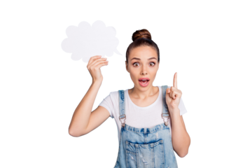 Portrait of amazed person holding paper card bubble screaming wow wearing white t-shirt denim jeans overalls isolated over blue background