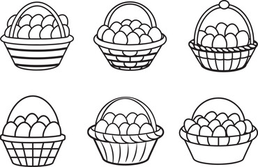 set of basket of eggs line art, black outline, vector and illustration, coloring book page line art drawing