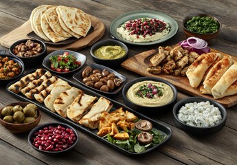Colorful Assortment of Mediterranean Dishes on Wooden Table Featuring Fresh Ingredients, Meats, Breads, Dips, and Salads for a Rich Culinary Experience