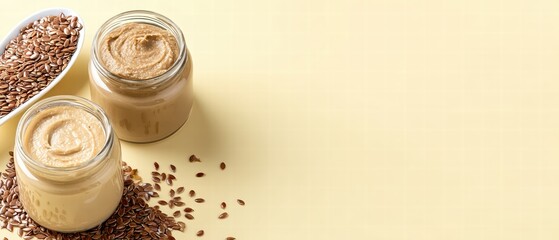 Creamy flaxseed butter in two jars with scattered flaxseeds on light yellow background creates wholesome and nutritious scene. This highlights rich texture and natural ingredients