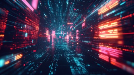Fototapeta premium A futuristic digital tunnel filled with glowing data streams, representing technology, speed, and information flow , Social media influence marketing.