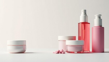 Various cosmetic containers arranged aesthetically on white , clean, product display