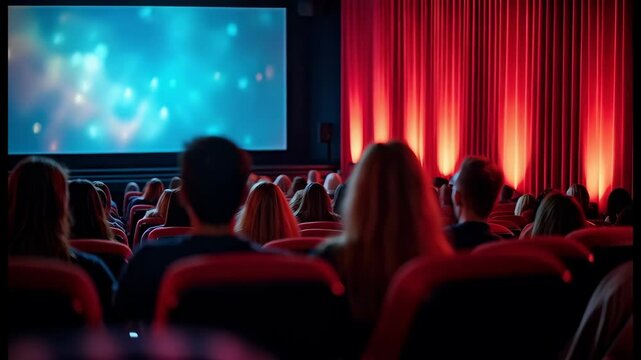 Audience watches an engaging film in a theater with colorful lights and large screen