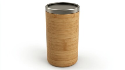 Reusable drink tumbler with bamboo exterior and silver lid sits on a clean white background.