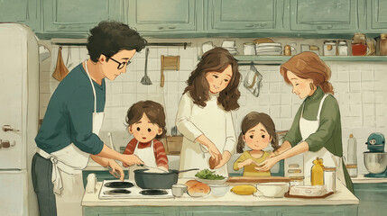 Illustration of a happy family gathered in the kitchen. Five family members are sitting across from each other at the kitchen island, cooking and having a conversation.