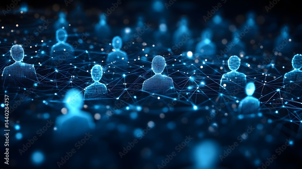 Fototapete Interconnected digital human figures create a complex network. Blue lines link pixelated forms against a bokeh background, symbolizing connectivity and technology. Abstract wireframe in dark blue.