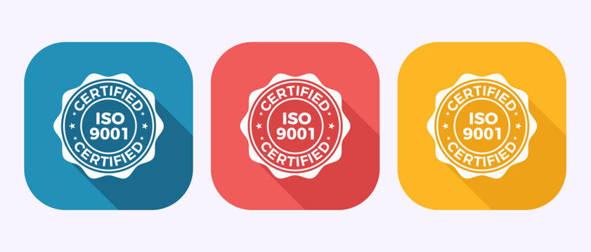 ISO 9001 certified icon design illustration, Standard quality label sign symbol in shadow button design