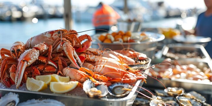 Fresh seafood market offers a variety of shellfish and fish caught from local waters during sunny afternoon at marina