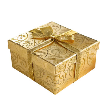 A Gold Gift Box with a Golden Bow isolated on transparent background