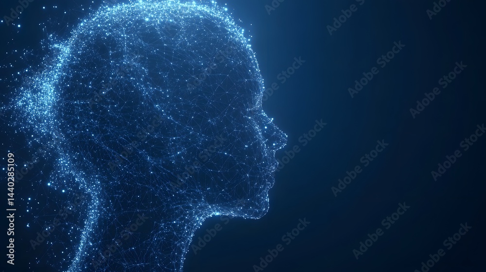 Aufkleber Futuristic digital head profile. Glowing blue dots and lines form a mesh, representing technology and the human mind. Dynamic design on a dark background. Abstract wireframe in dark blue