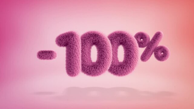 100% pink fluffy numbers and symbols on a simple gradient background with particles. Looping animation of 3D text countdown 100 percent sale