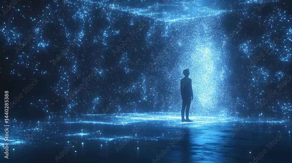 Poster A solitary figure contemplates a radiant, interconnected digital world. Glowing blue particles form an immersive web, symbolizing data flow and connection. Abstract wireframe in dark blue.