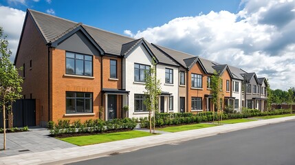 Modern, terraced homes line a residential street under a partly cloudy sky.
