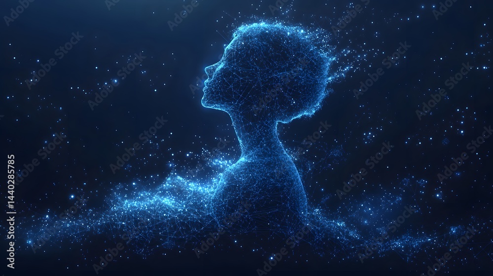 Leinwandbilder stylized glowing blue figure in profile, crafted from interconnected points and lines, emanating lig