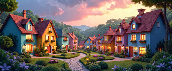 Charming Colorful Village Houses at Sunset Idyllic Suburban Street Scene
