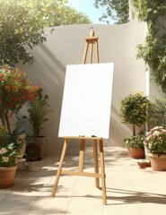 A blank canvas on an easel stands in a sunny outdoor garden surrounded by potted plants and trees.
