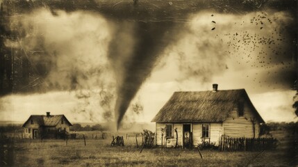 A dramatic tornado ripping through a Kansas farmhouse landscape in the 1930s Black and white