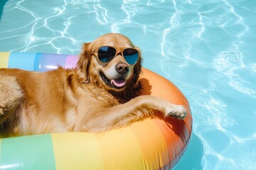 Golden retriever relaxing on rainbow pool float with sunglasses