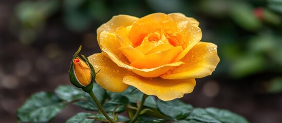 Radiant yellow rose blossom and bud, glistening dew, fresh garden blooms
