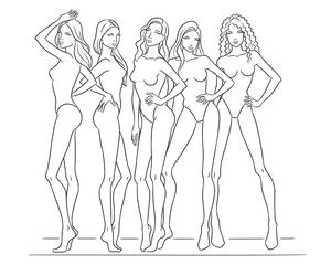 Fashion croquis template featuring five female models posing in a stylish group composition. Perfect for fashion designers and illustrators to create clothing designs, fashion collections.