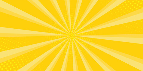Yellow abstract background with light of sunburst. yellow starburst with halftone. sun ray retro background with flash
