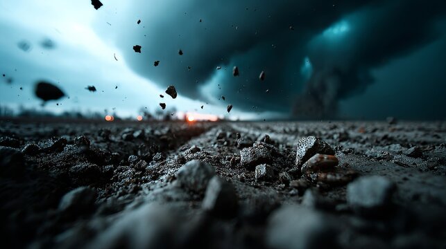 Massive tornado tearing through farmland with dark stormy sky and flying debris