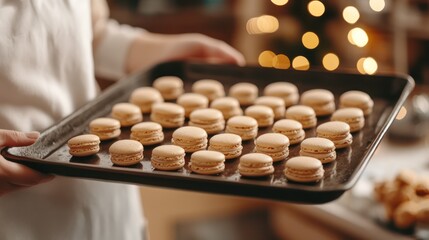 Close-up of hand holding baking sheet filled with golden macaron cookies