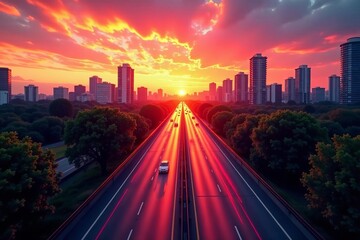 Fototapeta premium Urban cityscape with streaks of light on highway at sunset, transportation, dusk, light trails
