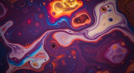Obraz premium AI image presenting a dark, cosmic abstract background with vibrant liquid swirls of purple, blue, and glowing orange resembling nebulae