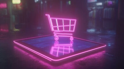 Neon shopping cart on tablet in a city store