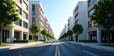 Urban landscape of empty street with highrise buildings under clear sky, empty road, street, buildings
