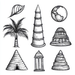 Obraz premium Black and White Ink Drawing of Architectural and Natural Elements