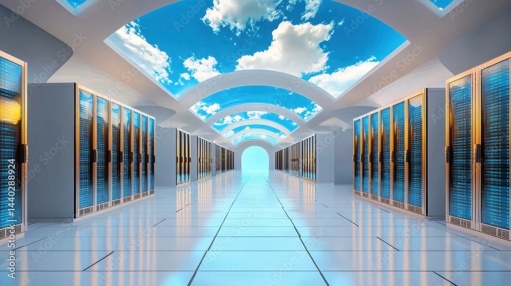 Poster futuristic digital servers in rows with holographic blue clouds and binary streams