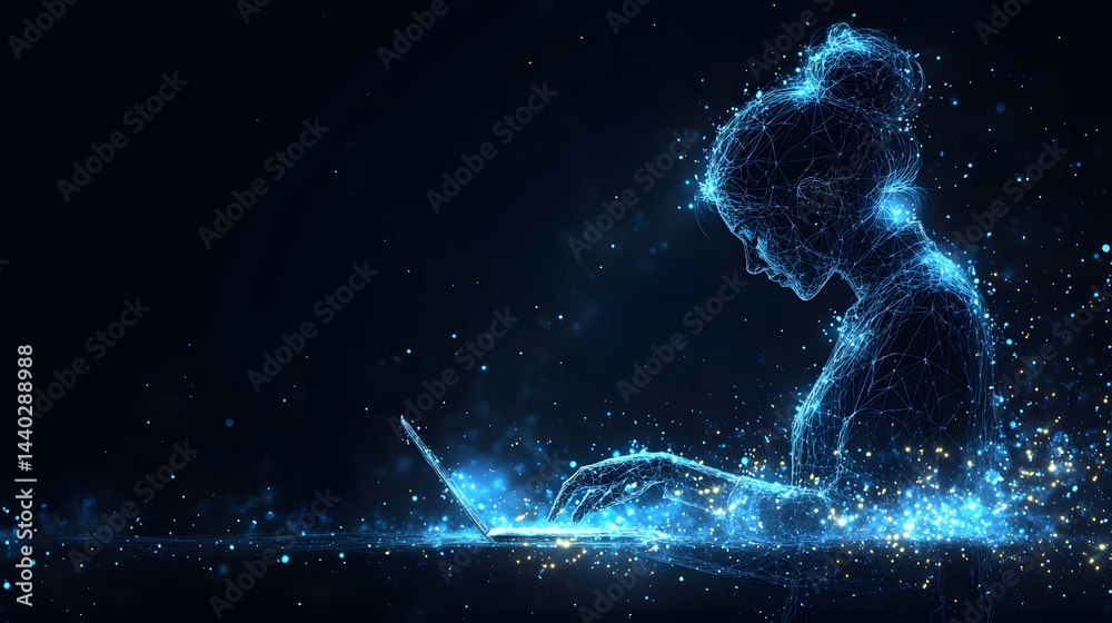 Poster a woman uses a laptop, depicted in a digital wireframe style. blue lines and gold particles add a fu